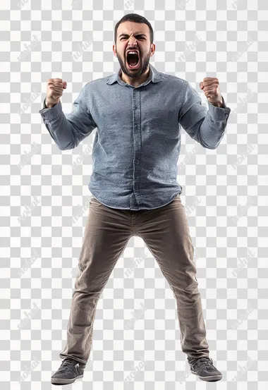 Full body shot an aggressive Egyptian man in casual clothes shouts at camera, shows his teeth and holds fingers in tight fists. Aggression and attacking. Negative reaction. Shouting man, isolated on white background.