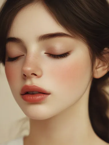 Create a realistic portrait of a young woman with closed eyes, featuring soft, natural makeup. The color scheme should be very light, with soft beige and cream tones in the background. The focus should be on the serene expression of the woman, highlighting her smooth skin and delicate features, while ensuring a clean and minimalistic aesthetic.