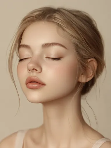 Create a realistic portrait of a young woman with closed eyes, featuring soft, natural makeup. The color scheme should be very light, with soft beige and cream tones in the background. The focus should be on the serene expression of the woman, highlighting her smooth skin and delicate features, while ensuring a clean and minimalistic aesthetic.