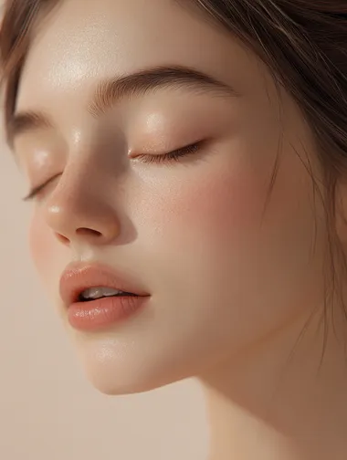 Create a realistic portrait of a young woman with closed eyes, featuring soft, natural makeup. The color scheme should be very light, with soft beige and cream tones in the background. The focus should be on the serene expression of the woman, highlighting her smooth skin and delicate features, while ensuring a clean and minimalistic aesthetic.