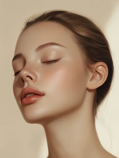 Create a realistic portrait of a young woman with closed eyes, featuring soft, natural makeup. The color scheme should be very light, with soft beige and cream tones in the background. The focus should be on the serene expression of the woman, highlighting her smooth skin and delicate features, while ensuring a clean and minimalistic aesthetic.