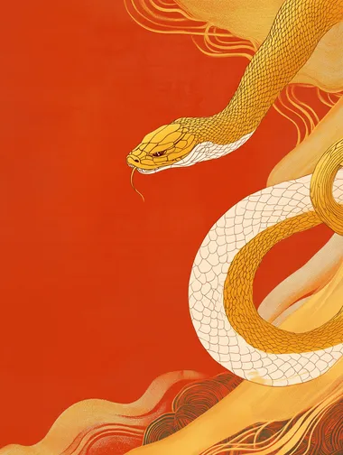 A golden snake is wrapped around the edge of an orange-red background, creating Chinese New Year poster illustrations with a minimalist style and flat design. The color scheme includes white, yellow, and gold tones. It features a close-up composition, Chinese ink painting, and a strong sense of lines. High resolution, bright colors, and Chinese elements make it rich in details. A clean red wall creates a festive atmosphere for celebrating the Spring Festival.  --s 50