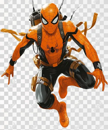 orange spiderman works in an insurance company as an emergency commissioner and saves people on a white background