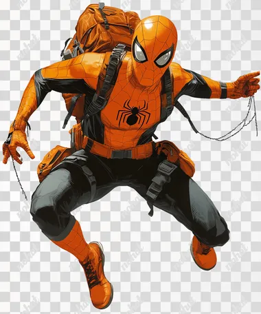 orange spiderman works in an insurance company as an emergency commissioner and saves people on a white background