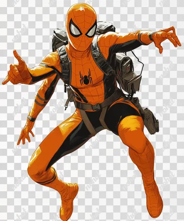 orange spiderman works in an insurance company as an emergency commissioner and saves people on a white background