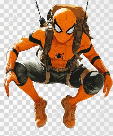 orange spiderman works in an insurance company as an emergency commissioner and saves people on a white background