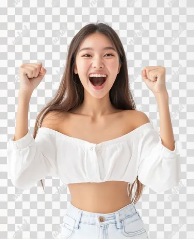 Young excited happy Asian woman she wears white top shirt casual clothes doing winner gesture celebrate clenching fists isolated on white background studio portrait. Lifestyle concept