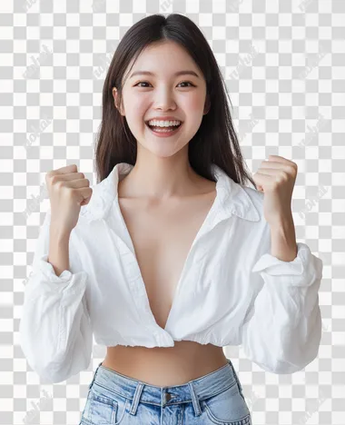 Young excited happy Asian woman she wears white top shirt casual clothes doing winner gesture celebrate clenching fists isolated on white background studio portrait. Lifestyle concept