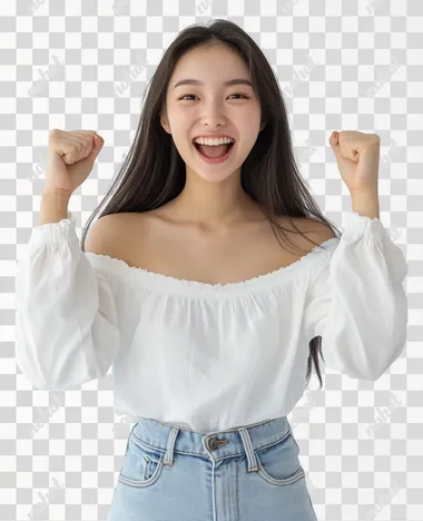 Young excited happy Asian woman she wears white top shirt casual clothes doing winner gesture celebrate clenching fists isolated on white background studio portrait. Lifestyle concept