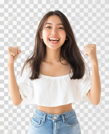 Young excited happy Asian woman she wears white top shirt casual clothes doing winner gesture celebrate clenching fists isolated on white background studio portrait. Lifestyle concept