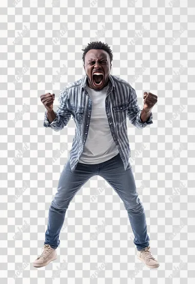 Full body shot an African man in casual clothes shouts at camera, shows his teeth and holds fingers in tight fists. Aggression and attacking. Negative reaction. Shouting man, isolated on white background.