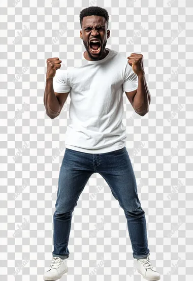 Full body shot an African man in casual clothes shouts at camera, shows his teeth and holds fingers in tight fists. Aggression and attacking. Negative reaction. Shouting man, isolated on white background.
