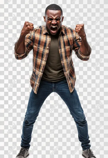 Full body shot an African man in casual clothes shouts at camera, shows his teeth and holds fingers in tight fists. Aggression and attacking. Negative reaction. Shouting man, isolated on white background.
