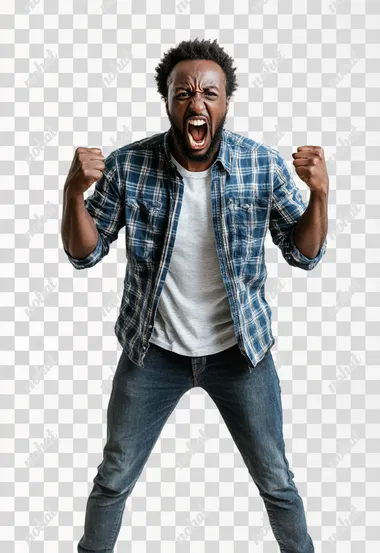 Full body shot an African man in casual clothes shouts at camera, shows his teeth and holds fingers in tight fists. Aggression and attacking. Negative reaction. Shouting man, isolated on white background.