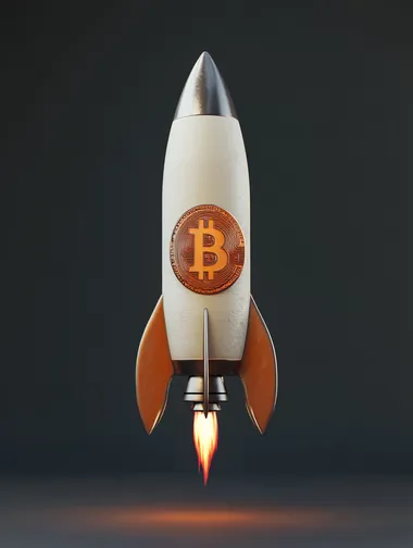 A rocket with Bitcoin logo, 3d render, isolated