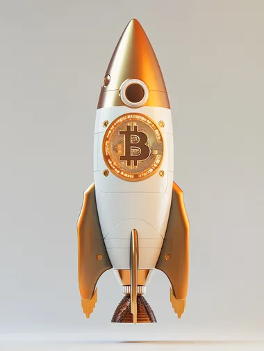A rocket with Bitcoin logo, 3d render, isolated