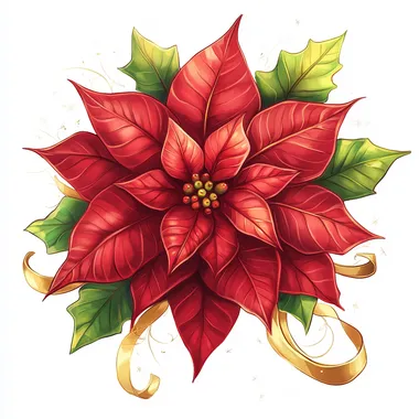 Create a vibrant illustration of a poinsettia flower, focusing on a realistic style. Use a rich red color scheme for the petals, with hints of yellow at the center. Incorporate green leaves and delicate gold ribbons around the flower to enhance its festive appearance. Ensure the background is clean to highlight the flower's details.
