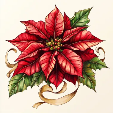 Create a vibrant illustration of a poinsettia flower, focusing on a realistic style. Use a rich red color scheme for the petals, with hints of yellow at the center. Incorporate green leaves and delicate gold ribbons around the flower to enhance its festive appearance. Ensure the background is clean to highlight the flower's details.