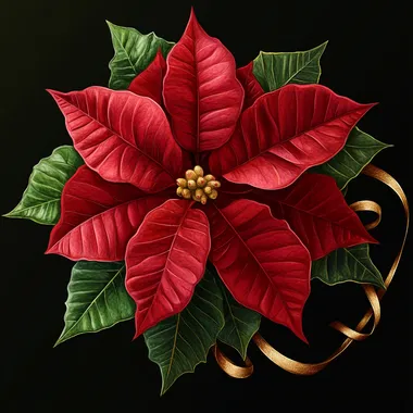 Create a vibrant illustration of a poinsettia flower, focusing on a realistic style. Use a rich red color scheme for the petals, with hints of yellow at the center. Incorporate green leaves and delicate gold ribbons around the flower to enhance its festive appearance. Ensure the background is clean to highlight the flower's details.
