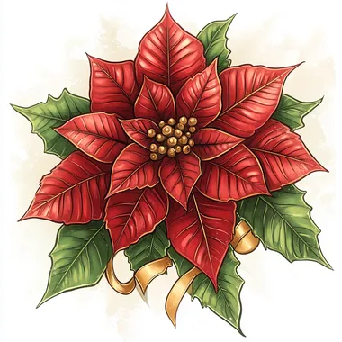 Create a vibrant illustration of a poinsettia flower, focusing on a realistic style. Use a rich red color scheme for the petals, with hints of yellow at the center. Incorporate green leaves and delicate gold ribbons around the flower to enhance its festive appearance. Ensure the background is clean to highlight the flower's details.