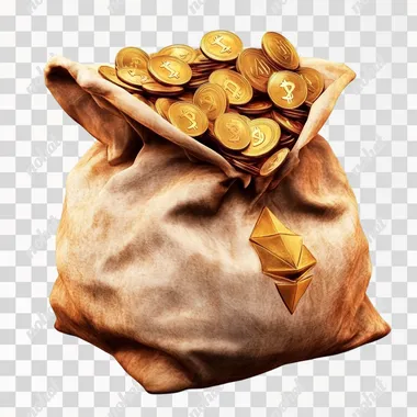 Bag of Ethereum, show coins, ancient money bag, realistic, white background, luxury, isolated