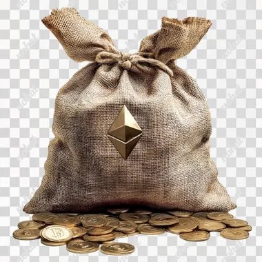 Bag of Ethereum, show coins, ancient money bag, realistic, white background, luxury, isolated