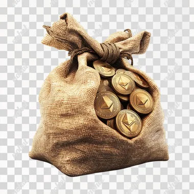 Bag of Ethereum, show coins, ancient money bag, realistic, white background, luxury, isolated