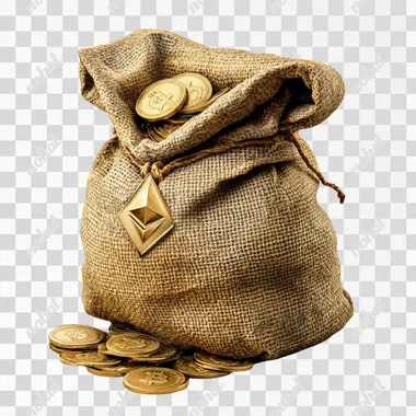 Bag of Ethereum, show coins, ancient money bag, realistic, white background, luxury, isolated
