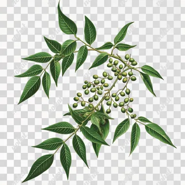 Azadirachta indica (Neem) branch with green leaves and fruits