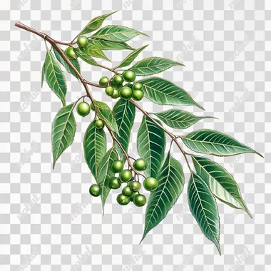 Azadirachta indica (Neem) branch with green leaves and fruits