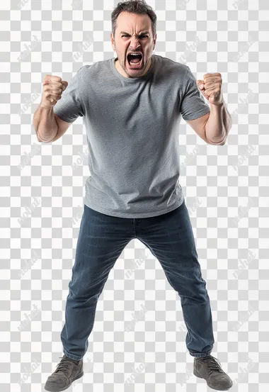 Full body shot an aggressive American man in casual clothes shouts at camera, shows his teeth and holds fingers in tight fists. Aggression and attacking. Negative reaction. Shouting man, isolated on white background.