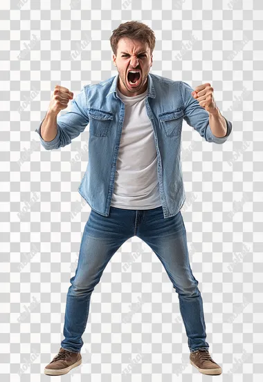 Full body shot an aggressive American man in casual clothes shouts at camera, shows his teeth and holds fingers in tight fists. Aggression and attacking. Negative reaction. Shouting man, isolated on white background.