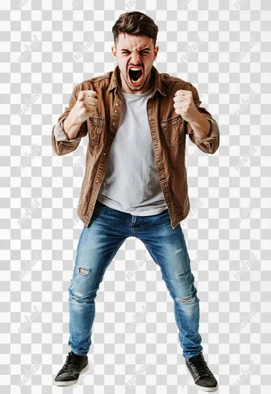 Full body shot an aggressive American man in casual clothes shouts at camera, shows his teeth and holds fingers in tight fists. Aggression and attacking. Negative reaction. Shouting man, isolated on white background.