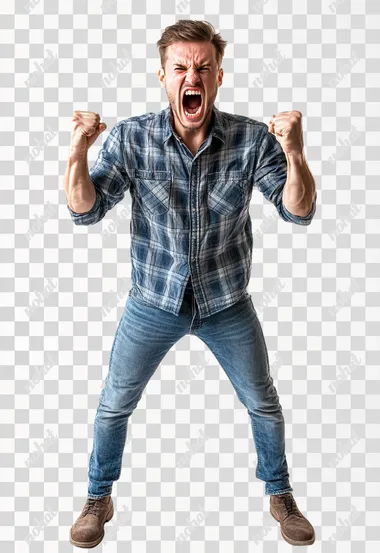 Full body shot an aggressive American man in casual clothes shouts at camera, shows his teeth and holds fingers in tight fists. Aggression and attacking. Negative reaction. Shouting man, isolated on white background.
