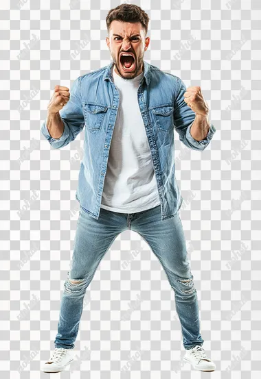 Full body shot an aggressive Brazil man in casual clothes shouts at camera, shows his teeth and holds fingers in tight fists. Aggression and attacking. Negative reaction. Shouting man, isolated on white background.