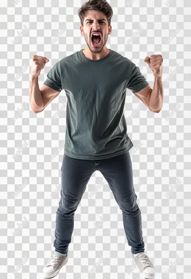 Full body shot an aggressive Brazil man in casual clothes shouts at camera, shows his teeth and holds fingers in tight fists. Aggression and attacking. Negative reaction. Shouting man, isolated on white background.