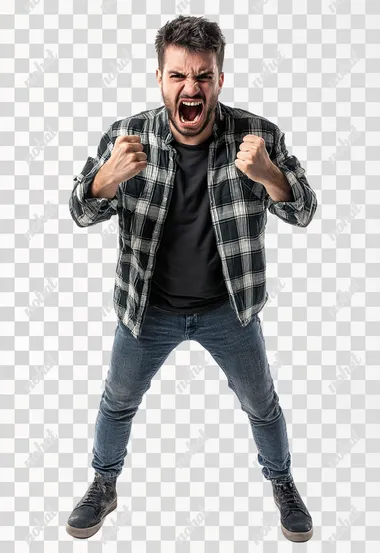 Full body shot an aggressive Brazil man in casual clothes shouts at camera, shows his teeth and holds fingers in tight fists. Aggression and attacking. Negative reaction. Shouting man, isolated on white background.