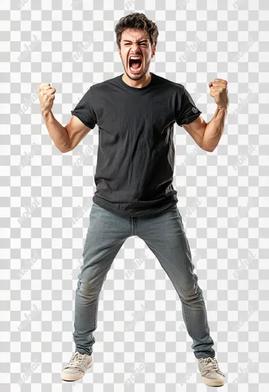 Full body shot an aggressive Brazil man in casual clothes shouts at camera, shows his teeth and holds fingers in tight fists. Aggression and attacking. Negative reaction. Shouting man, isolated on white background.