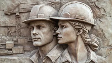 Create a realistic relief sculpture depicting two construction workers, a man and a woman, wearing hard hats and looking determined. Include a construction site in the background with cranes and machinery, using a monochromatic color scheme with earthy tones.
