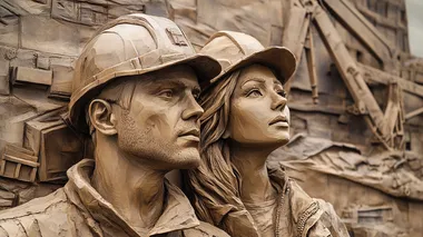 Create a realistic relief sculpture depicting two construction workers, a man and a woman, wearing hard hats and looking determined. Include a construction site in the background with cranes and machinery, using a monochromatic color scheme with earthy tones.