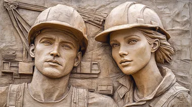 Create a realistic relief sculpture depicting two construction workers, a man and a woman, wearing hard hats and looking determined. Include a construction site in the background with cranes and machinery, using a monochromatic color scheme with earthy tones.