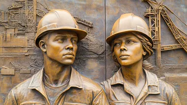 Create a realistic relief sculpture depicting two construction workers, a man and a woman, wearing hard hats and looking determined. Include a construction site in the background with cranes and machinery, using a monochromatic color scheme with earthy tones.