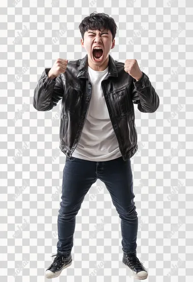 Full body shot an aggressive Korean man in casual clothes shouts at camera, shows his teeth and holds fingers in tight fists. Aggression and attacking. Negative reaction. Shouting man, isolated on white background.