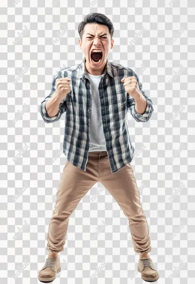 Full body shot an aggressive Korean man in casual clothes shouts at camera, shows his teeth and holds fingers in tight fists. Aggression and attacking. Negative reaction. Shouting man, isolated on white background.