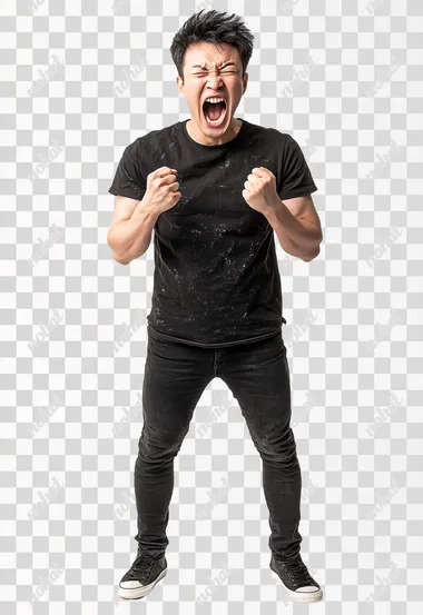 Full body shot an aggressive Korean man in casual clothes shouts at camera, shows his teeth and holds fingers in tight fists. Aggression and attacking. Negative reaction. Shouting man, isolated on white background.