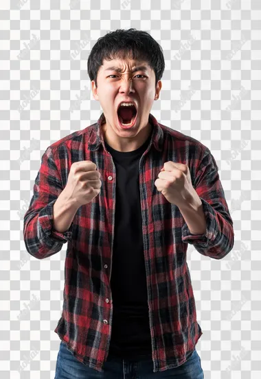 Full body shot an aggressive Korean man in casual clothes shouts at camera, shows his teeth and holds fingers in tight fists. Aggression and attacking. Negative reaction. Shouting man, isolated on white background.
