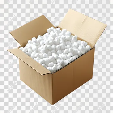 A realistic image of an open cardboard box filled with white packing peanuts. The box should be made of light brown corrugated cardboard, and the packing peanuts should appear fluffy and abundant. The background should be plain and neutral to emphasize the box and its contents.