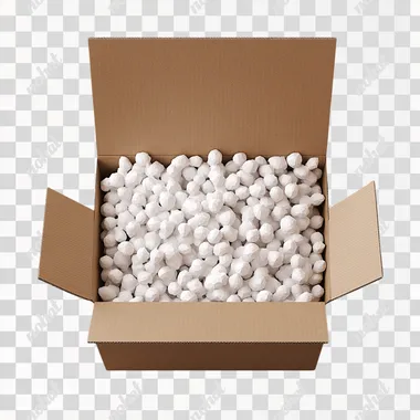 A realistic image of an open cardboard box filled with white packing peanuts. The box should be made of light brown corrugated cardboard, and the packing peanuts should appear fluffy and abundant. The background should be plain and neutral to emphasize the box and its contents.