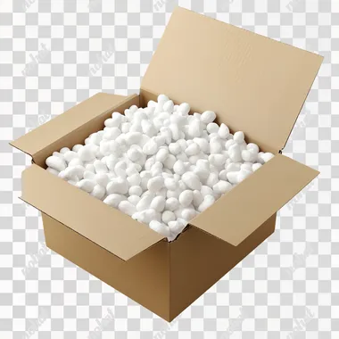 A realistic image of an open cardboard box filled with white packing peanuts. The box should be made of light brown corrugated cardboard, and the packing peanuts should appear fluffy and abundant. The background should be plain and neutral to emphasize the box and its contents.