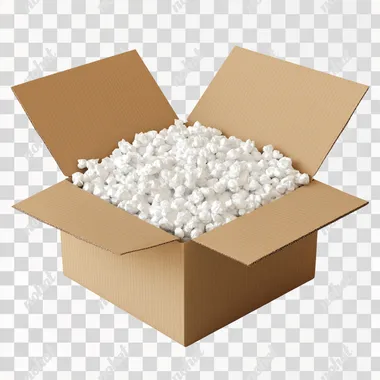 A realistic image of an open cardboard box filled with white packing peanuts. The box should be made of light brown corrugated cardboard, and the packing peanuts should appear fluffy and abundant. The background should be plain and neutral to emphasize the box and its contents.